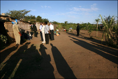 Mrs. Laura Bush visits a malaria-spraying site Wednesday, June 27, 2007, in Mozal, Mozambique. Each year more than one million people die of malaria. Of these deaths, 85 percent occur in sub-Saharan Africa. For children in Africa, malaria is the leading cause of death.