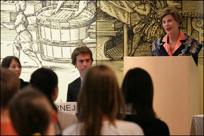 Mrs. Laura Bush addresses the Za in Proti (ZIP) student event Tuesday, June 10, 2008 in Kranj, Slovenia.
