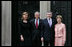 President George W. Bush and Laura Bush are met by British Prime Minster Gordon Brown and his wife, Sarah, on their arrival Sunday, June 15, 2008 to 10 Downing Street in London.