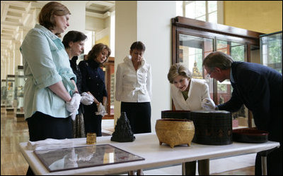 Mrs. Laura Bush is shown artifacts from the Afghani and Burmese Collections at the British Museum in London on Monday, June 16, 2008.