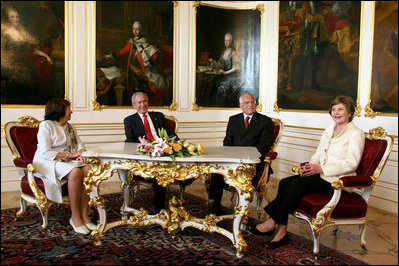 President George W. Bush and Mrs. Laura Bush sit with President Vaclav Klaus of the Czech Republic and his wife Mrs. Livia Klausova at the Prague Castle in the Czech Republic on Tuesday, June 5, 2007.