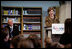 Mrs. Laura Bush delivers remarks Wednesday, June 6, 2007, at the Schwerin City Library in Schwerin, Germany. Said Mrs. Bush, "Our countries -- the United States and Germany -- are friends today because we both treasure freedom and we share a deep love of learning. I hope that new ties of friendship will form between Germany and the United States as a result of America @ Your Library." 