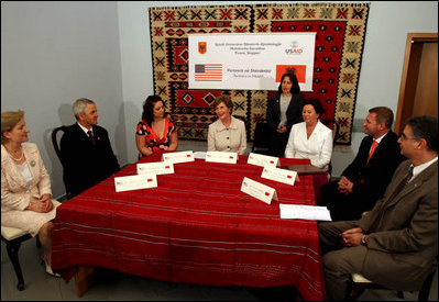 Mrs. Laura Bush participates in a roundtable discussion Sunday, June 10, 2007, at the Women's Wellness Center at Queen Geraldine Hospital Obstetrics and Gynecology in Tirana, Albania.