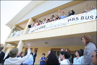 Mrs. Laura Bush waves goodbye after visiting the Bethany House Orphanage in Tirana, Albania Sunday, June 10, 2007. The orphanage is overseen by the Michigan-based Bethany Christian Services and has been active in Albania since 1991.