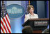 Mrs Laura Bush addresses reporters in the James S. Brady Press Briefing Room Monday, May 5, 2008 at the White House, on the humanitarian assistance being offered by the United States to the people of Burma in the aftermath of the destruction caused by Cyclone Nargis.