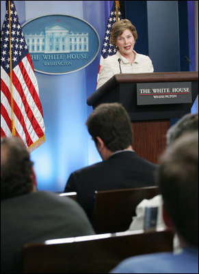 Mrs Laura Bush addresses reporters in the James S. Brady Press Briefing Room Monday, May 5, 2008 at the White House, on the humanitarian assistance being offered by the United States to the people of Burma in the aftermath of the destruction caused by Cyclone Nargis.