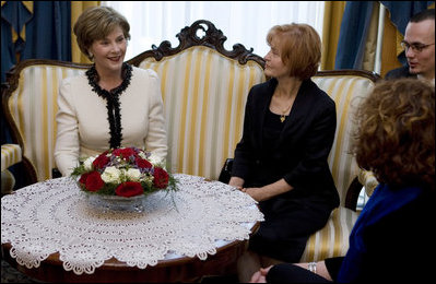 Mrs. Laura Bush and Croatia’s First Lady Mrs. Milka Mesic sit for tea Friday, April 4, 2008, following the arrival of President and Mrs. Bush in Zagreb, where they will overnight before continuing on to Russia.