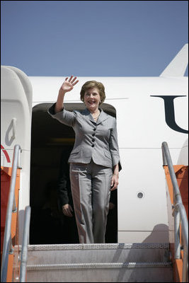 Mrs. Laura Bush waves as she arrives Thursday, March 13, 2008, in Port-au-Prince, Haiti.