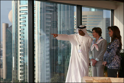Mrs. Laura Bush takes in a view of Dubai with Her Royal Highness Princess Haya Bint Hussein and Mr. H.E. Obaid Al Tayer, Chairman of the Dubai Chamber of Commerce and Industry, Monday, Oct. 22, 2007, in Dubai, United Arab Emirates.