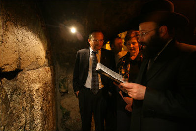 Mrs. Laura Bush visits the Western Wall Tunnels with Aliza Olmert, wife of Israeli Prime Minister Olmert in Jerusalem, Israel, May 14, 2008. This is the most holy part of the wall in the tunnels. 