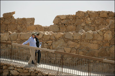 Mrs. Laura Bush and Mrs. Aliza Olmert leave the upper terrace of Masada during their visit Thursday, May 15, 2008. Masada, built by King Herod of Judea, was the last bastion of Jewish freedom fighters against the Romans; its fall signaled the violent destruction of the kingdom of Judea at the end of the Second Temple period. 