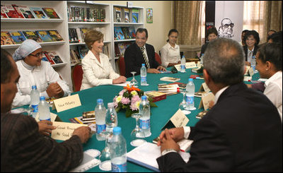 Mrs. Laura Bush participates in a roundtable with students Sunday, May 18, 2008, at the Fayrouz Experimental School for Languages in Sharm El Sheikh, Egypt. The roundtable highlighted the Big Read Egypt/U.S. initiative which proves citizens with the opportunity to read and discuss a single book within their communities featuring innovative reading programs and compelling resources for discussing outstanding literature. 
