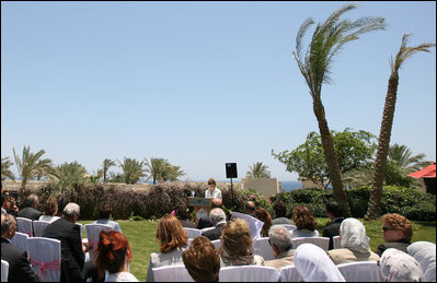 Mrs. Laura Bush speaks at the U.S.-Middle East Partnership for Breast Cancer Awareness and Research, May 18, 2008, at the Grand Rotana Resort, Sharm el Sheikh, Egypt.