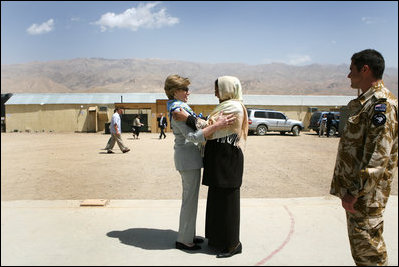 Mrs. Laura Bush is greeted by Governor Habiba Sarabi after arriving in Bamiyan province Sunday, June 8, 2008. Appointed in 2005, the former Minister of Women's Affairs is the only female governor in Afghanistan.