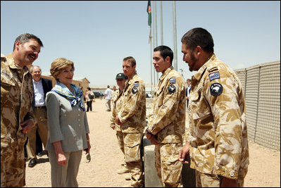 Mrs. Laura Bush greets New Zealand troops during her welcoming ceremony Sunday, June 8, 2008, at the Bamiyan Provincial Reconstruction Team Base. New Zealand's military took over the Afghanistan military compound from U.S. troops in 2003.