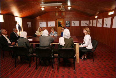 Mrs. Laura Bush participates in a roundtable discussion Sunday, June 8, 2008, with three recent female graduates of the Police Training Academy in Bamiyan, Afghanistan. With her from left are: Governor Habiba Sarabi, U.S. Ambassador to Afghanistan William Wood, Michael Yates, USAID Mission Director, and Paula Dobriansky, U.S. Under Secretary of Global Affairs. There are currently an estimated 420 female police officers in the country. Women comprise less than one percent of the senior ranks of the police. The majority of these women serve in Kabul; two women serve as brigadier generals.