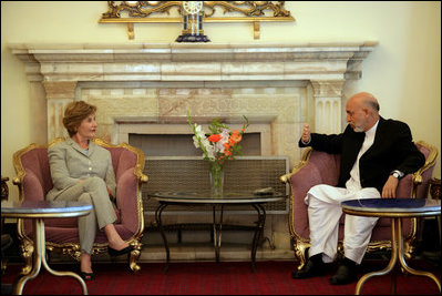 Mrs. Laura Bush meets with President Hamid Karzai of Afghanistan, Sunday, June 8, 2008, at Gul Khana Palace in Kabul.