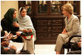 Mrs. Laura Bush speaks with faculty and students from Afghan universities and international schools, Sunday, June 8, 2008, during an unannounced visit to Kabul. Attending the meeting were representatives from Kabul University, American University of Afghanistan, International School of Kabul and the Women's Teacher Training Institute.