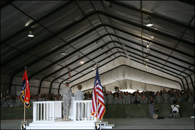 Mrs. Laura Bush delivers remarks to US troops during her visit to Bagram Air Force Base Sunday, June 8, 2008, in Bagram, Afghanistan.
