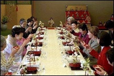 Mrs. Bush is honored by a toast from her hostess Kiyoko Fukuda and a group of prominent women from Tokyo during a special luncheon in her honor at Akasaka Palace Monday, February 18, 2002 in Tokyo.