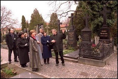 Laura Bush and her staff tour the historic cemetery of the Church of Saints Peter and Paul. The cemetery is known as the burial site of many prominent Czechs, such as the composer Dvorak, as well as the site for a notable collection of sculptural art.