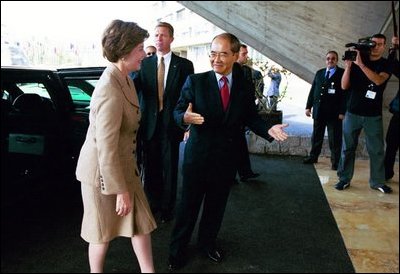 Laura Bush is welcomed to UNESCO headquarters in Paris by UNESCO director Koichiro Matsuura for formal ceremonies celebrating the renewed participation of the United States Sept. 9, 2003.