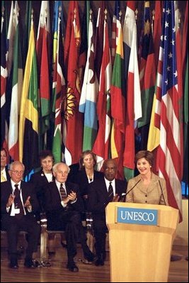 Mrs Bush delivers the keynote address to the United Nations Educational, Scientific and Cultural Organization (UNESCO) General Conference Sept. 9, 2003 at UNESCO headquarters in Paris.