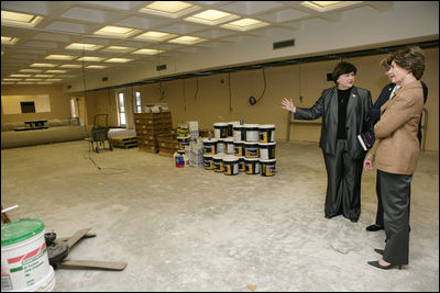 Laura Bush and U.S. Secretary of Education Margaret Spellings are shown the repairs being made at the St. Bernard Unified School in Chalmette, La., Wednesday, Jan. 26, 2006 by school superintendent Doris Voitier, which was damaged by Hurricane Katrina.