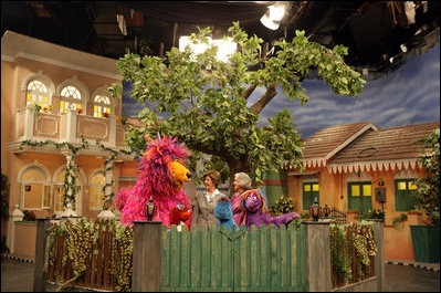 Mrs. Laura Bush meets characters on the set at Gali Gali Sim Sim (India's version of America's Sesame Street) studio, Thursday, March 2, 2006 in New Delhi, India, where she toured and taped a segment for the show.