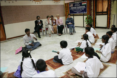Mrs. Laura Bush visits an HIV/AIDS education prevention class, Friday, March 3, 2006 at the Acharya N.G. Ranga Agricultural University in Hyderabad, India.