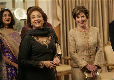 Mrs. Laura Bush with Mrs. Sehba Musharraf together at a State Dinner at Aiwan-e-Sadr in Islamabad, Pakistan, in honor of President George W. Bush and Mrs. Bush's visit to Pakistan.