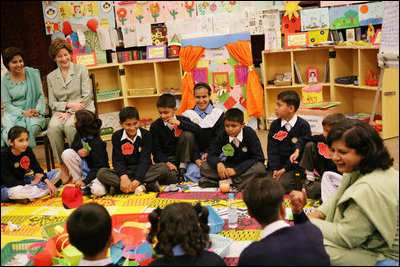 Mrs. Laura Bush participates in a class lesson in the Children's Resources International clasroom at the U.S. Embassy, Saturday, March 4, 2006 in Islamabad, Pakistan.