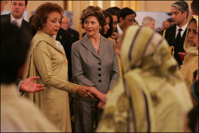 Mrs. Laura Bush with Mrs. Sehba Musharraf appear together Saturday, March 4, 2006 in Islamabad at a briefing to update the reconstruction and aid efforts for earthquake victims in regions of Pakistan.