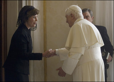 Mrs. Laura Bush meets in a private audience with Pope Benedict XVI, Thursday, Feb. 9, 2006 at The Vatican.