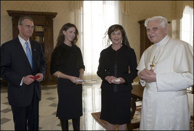 Mrs. Laura Bush, daughter Barbara Bush and Francis Rooney, U.S. Ambassador to the Vatican, meet in a private audience with Pope Benedict XVI, Thursday, Feb. 9, 2006 at the Vatican.