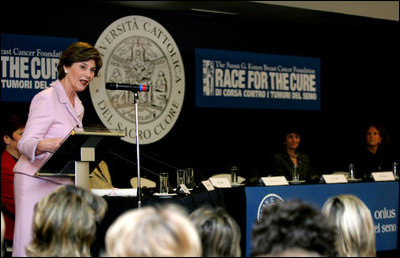 Mrs. Laura Bush delivers remarks after participating in a roundtable discussion with doctors and breast cancer survivors, Thursday, Feb. 9, 2006 at the Gemelli Hospital in Rome, sponsored by The Susan G. Komen Breast Cancer Foundation.