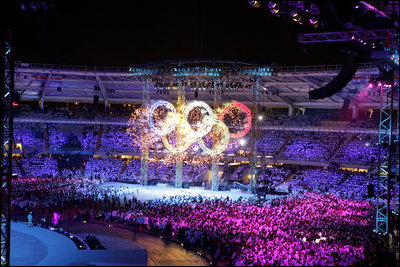 Fireworks in the design of the Olympic rings is a highlight moment during the 2006 Winter Olympics opening ceremony in Turin, Italy, Friday, Feb. 10, 2006.