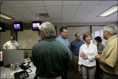 Laura Bush meets with first responders to Hurricane Katrina at the Acadian Ambulance Center in Lafayette, La., Friday, Sept. 2, 2005.