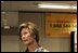 Laura Bush talks with the press during her visit to the National Center for Missing & Exploited Children in Alexandria, Va., Friday, Sept. 16, 2005.