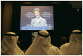 Audience members listen to Laura Bush discuss freedom and democratic values in the Middle East during a plenary session of the World Economic Forum at the Dead Sea in Jordan Saturday, May 21, 2005.