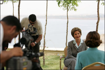 Laura Bush participates in an interview with Neda Ramahi of Jordanian television and radio at the Dead Sea in Jordan Saturday, May 21, 2005.