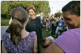 After delivering remarks, Laura Bush meets American guests at the U.S. Embassy in Amman, Jordan, Saturday, May 21, 2005.