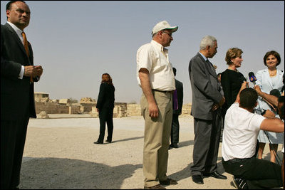 Laura Bush addresses the press during her tour of Hisham's Palace in Jericho, Sunday, May 22, 2005. Mrs. Bush toured the eighth century Islamic palace and viewed mosaic restoration projects during her visit.