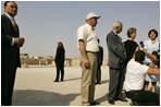 Laura Bush addresses the press during her tour of Hisham’s Palace in Jericho, Sunday, May 22, 2005. Mrs. Bush toured the eighth century Islamic palace and viewed mosaic restoration projects during her visit.