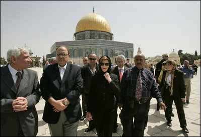 Laura Bush departs the Dome of the Rock after taking a tour of the shrine in the Muslim Quarter of the Old City of Jerusalem, Sunday, May 22, 2005.