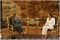 Laura Bush meets with Suzanne Mubarak, wife of Egyptian President Hosni Mubarek, at Ittihadiyya Palace in Cairo, Egypt, before spending the day together visiting an Egyptian girls school and taping a segment of children’s television program “Alam Simsim” Monday, May 23, 2005.