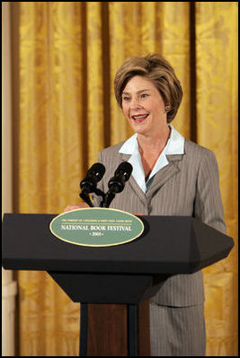 Laura Bush speaks at the National Book Festival Author's breakfast in the East Room, Saturday, Sept. 24, 2005. "Great books have brought many people through difficult times," said Mrs. Bush, explaining that the Book Festival is collecting books for schools, libraries and those affected by the recent hurricanes. "A story's setting -- real or imagined -- can provide a much-needed escape. And the characters in a good book are like old friends by the time we turn the final page."