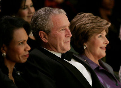 President George W. Bush and Laura Bush attend the 2006 National Book Festival Gala, an annual event of books and literature, Friday evening, Sept. 29, 2006 at the Library of Congress in Washington, D.C., joined by U.S. Secretary of State Condoleezza Rice, left. 