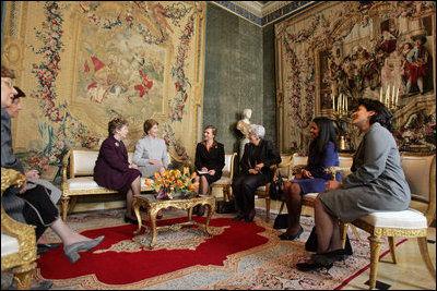 Laura Bush meets with Franca Pilla, wife of Italian President Carlo Azeglio, center left, and Betty Sembler, wife of U.S. Ambassador to Italy Mel Sembler, center right, at the Quirinale Palace in Rome, April 7, 2005.
