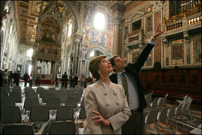 Laura Bush tours St. John at the Lateran Church in Rome by art historian Dr. Stefano Aluffi-Pentini Thursday, April 7, 2005. 